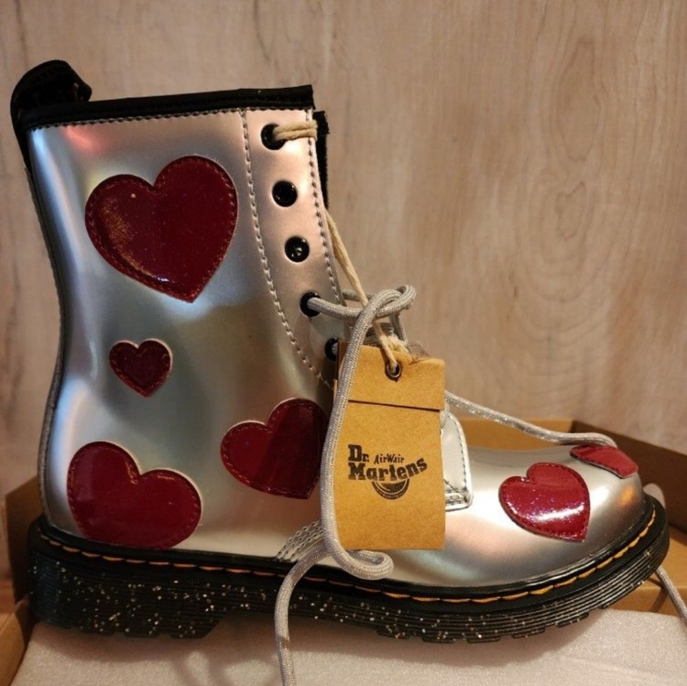 Dr. Martens Silver and Red Boots with Heart Accents